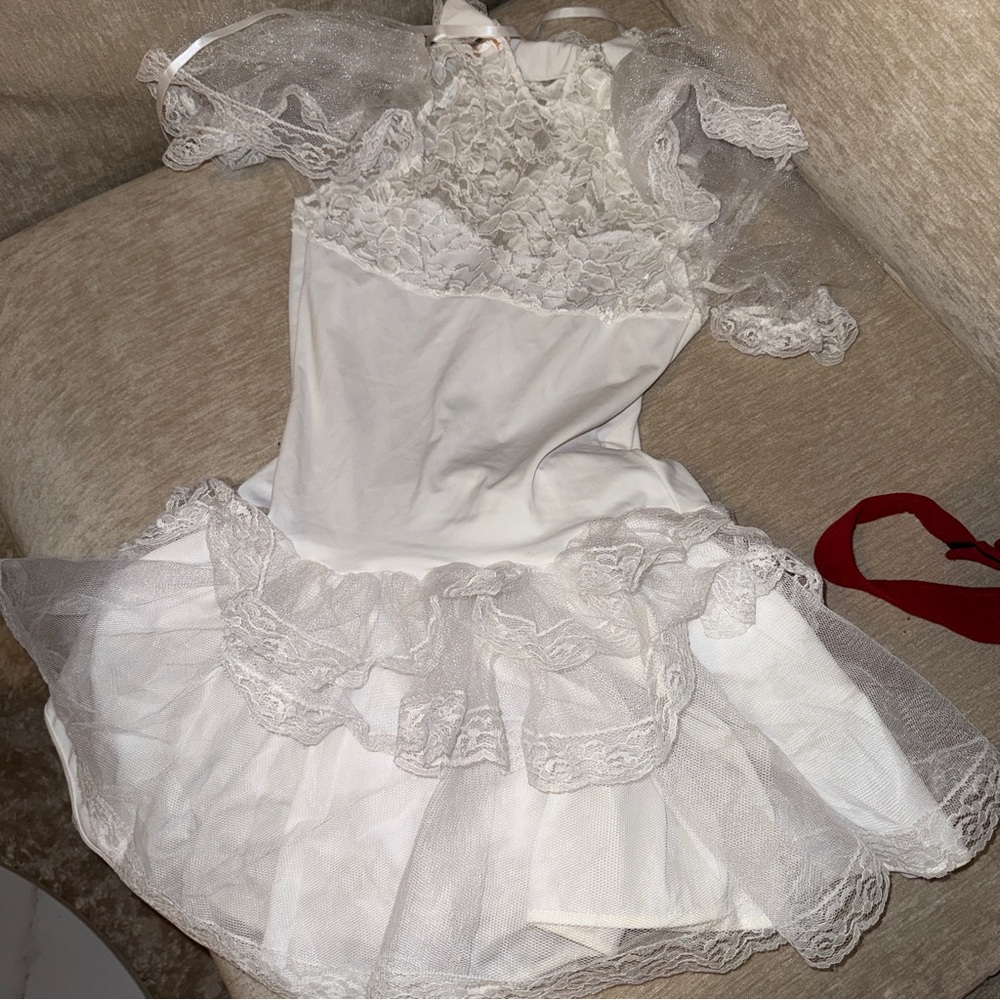 White Lace Dress with Red Belt - Picture 5 of 5